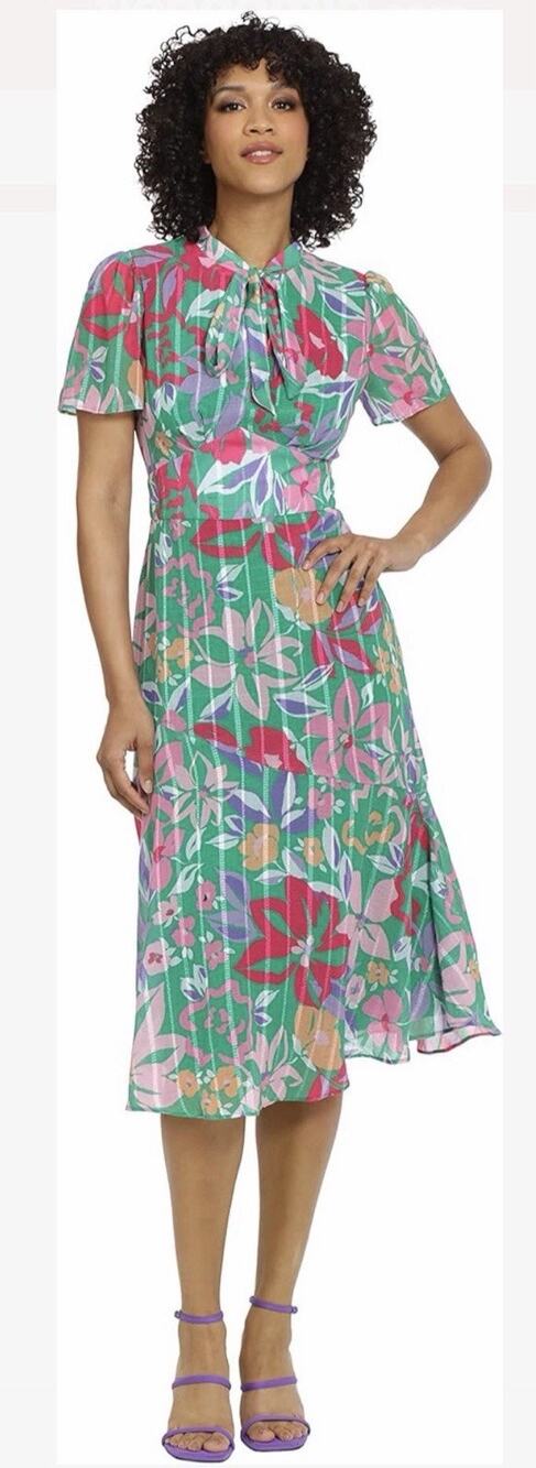 Maggy London Mockneck Tie Neck Floral Flutter Sleeve Dress Midi Size 10